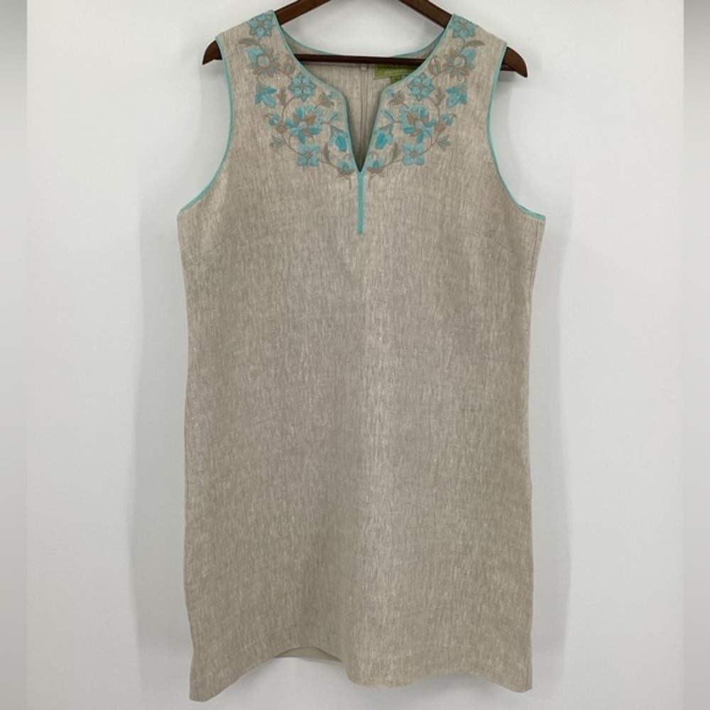 Sigrid Olsen Beige Linen Sleeveless Tunic with Turquoise Embroidery